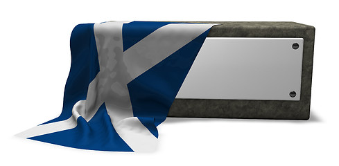 Image showing stone socket with blank sign and flag of scotland - 3d rendering