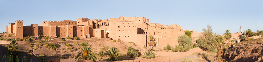 Image showing Panorama of magnificent kasbah or old traditional arab fortress in the city of Ouarzazate, Morocco.