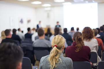 Image showing Woman giving presentation on business conference.