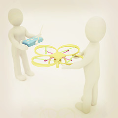 Image showing 3d man with drone, quadrocopter, with photo camera. 3d render. 3