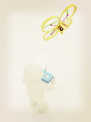 Image showing 3d man with drone, quadrocopter, with photo camera. 3d render. 3