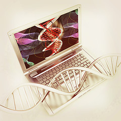 Image showing Laptop with dna medical model background on laptop screen. 3d il