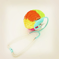 Image showing stethoscope and brain. 3d illustration. Vintage style.