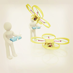 Image showing 3d man with drone, quadrocopter, with photo camera. 3d render. 3