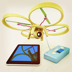 Image showing Drone, remote controller and tablet PC. Vintage style.