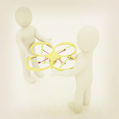 Image showing 3d man with drone, quadrocopter, with photo camera. 3d render. 3