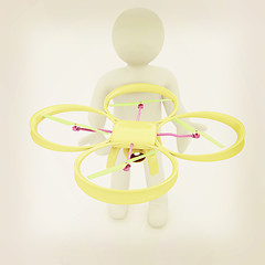 Image showing 3d man with drone, quadrocopter, with photo camera. 3d render. 3