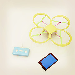 Image showing Drone, remote controller and tablet PC. Vintage style.