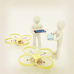 Image showing 3d white people. Man flying a white drone with camera. 3D render