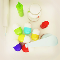 Image showing Syringe, tablet, pill jar. 3D illustration. Vintage style.