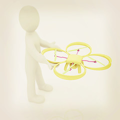 Image showing 3d man with drone, quadrocopter, with photo camera. 3d render. 3