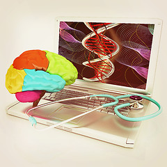 Image showing Laptop, brain and Stethoscope. 3d illustration. Vintage style.