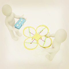 Image showing 3d man with drone, quadrocopter, with photo camera. 3d render. 3