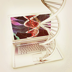 Image showing Laptop with dna medical model background on laptop screen. 3d il