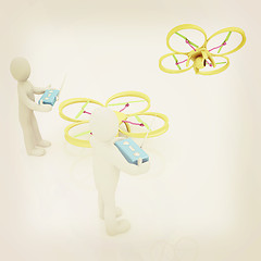 Image showing 3d man with drone, quadrocopter, with photo camera. 3d render. 3