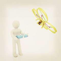 Image showing 3d man with drone, quadrocopter, with photo camera. 3d render. 3