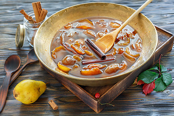 Image showing Homemade jam from pears with cinnamon.