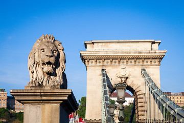 Image showing BUDAPEST, HUNGARY - 2017 MAY 19th: lion statue at the beginning 