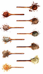 Image showing Collection of Spices in Wooden Spoons