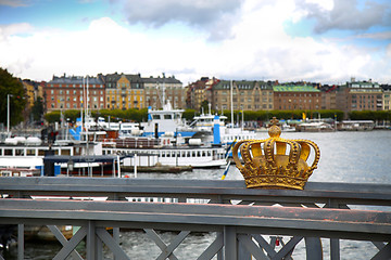 Image showing Skeppsholmsbron (Skeppsholm Bridge) with Golden Crown on a bridg