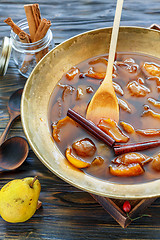 Image showing Homemade jam from pears with cinnamon.