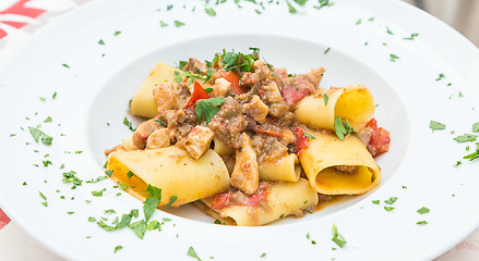 Image showing Italian Paccheri pasta  with Swordfish