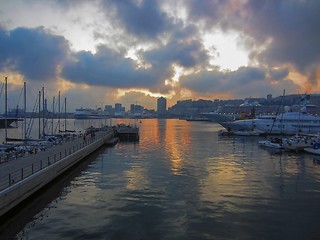 Image showing Harbor at sunset in Genova, Italy