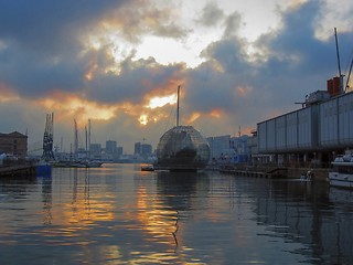 Image showing Harbor at sunset in Genova, Italy