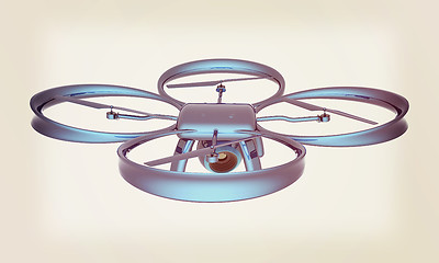 Image showing Drone, quadrocopter, with photo camera flying. 3d render. Vintag