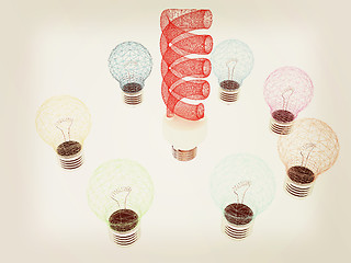 Image showing energy-saving lamps. 3D illustration. Vintage style.