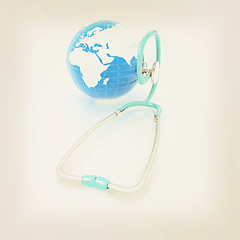 Image showing Stethoscope and Earth.3d illustration. Vintage style.