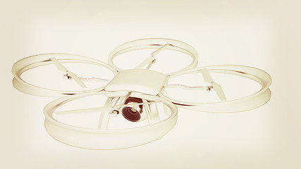 Image showing Drone, quadrocopter, with photo camera flying. 3d render. Vintag