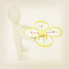 Image showing 3d man with drone, quadrocopter, with photo camera. 3d render. 3