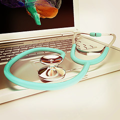 Image showing Laptop, brain and Stethoscope. 3d illustration. Vintage style.