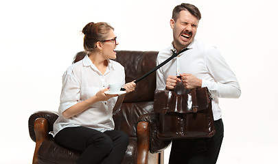 Image showing The young man and beautiful woman in business suit at office on white background