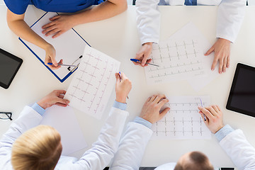 Image showing doctors with cardiograms and tablet pc at hospital