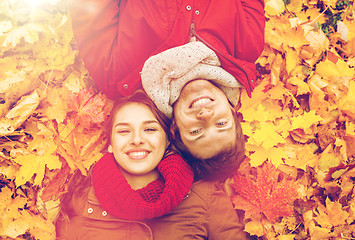 Image showing close up of smiling couple lying on autumn leaves