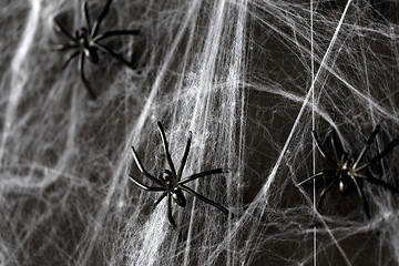 Image showing halloween decoration of black toy spiders on web