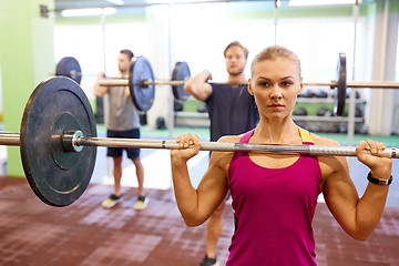 Image showing group of people training with barbells in gym