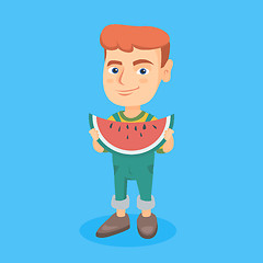 Image showing Young caucasian boy eating delicious watermelon.