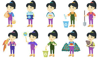 Image showing Little asian girl vector illustrations set.