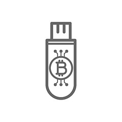 Image showing Bitcoin cryptocurrency in the cold storage flash drive key line icon.