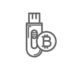 Image showing Bitcoin cryptocurrency in the cold storage flash drive key line icon.