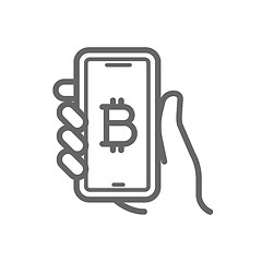 Image showing Bitcoin online symbol on the smartphone in hand line icon.