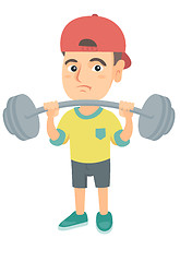 Image showing Upset caucasian boy lifting heavy weight barbell.