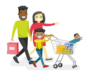 Image showing Happy multiracial family with biracial kids shopping.