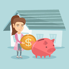 Image showing Woman saving money in piggy bank for buying house.