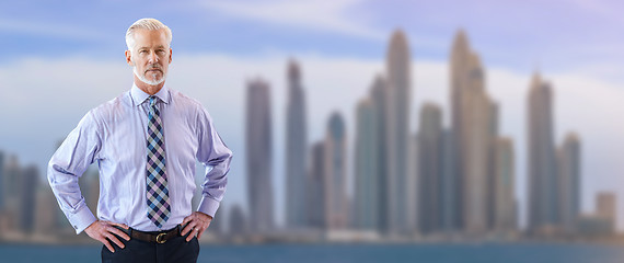 Image showing Senior businessman in front of the big city