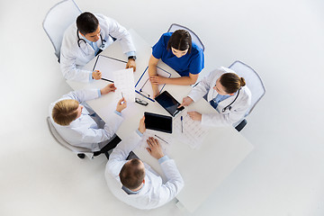 Image showing doctors with cardiograms and tablet pc at hospital