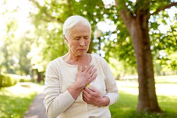 Image showing senior woman feeling sick at summer park